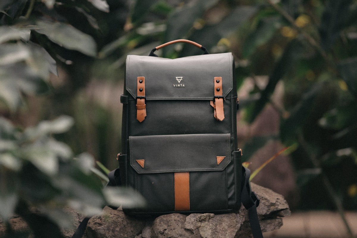 Compact daypack on a rock in the forest